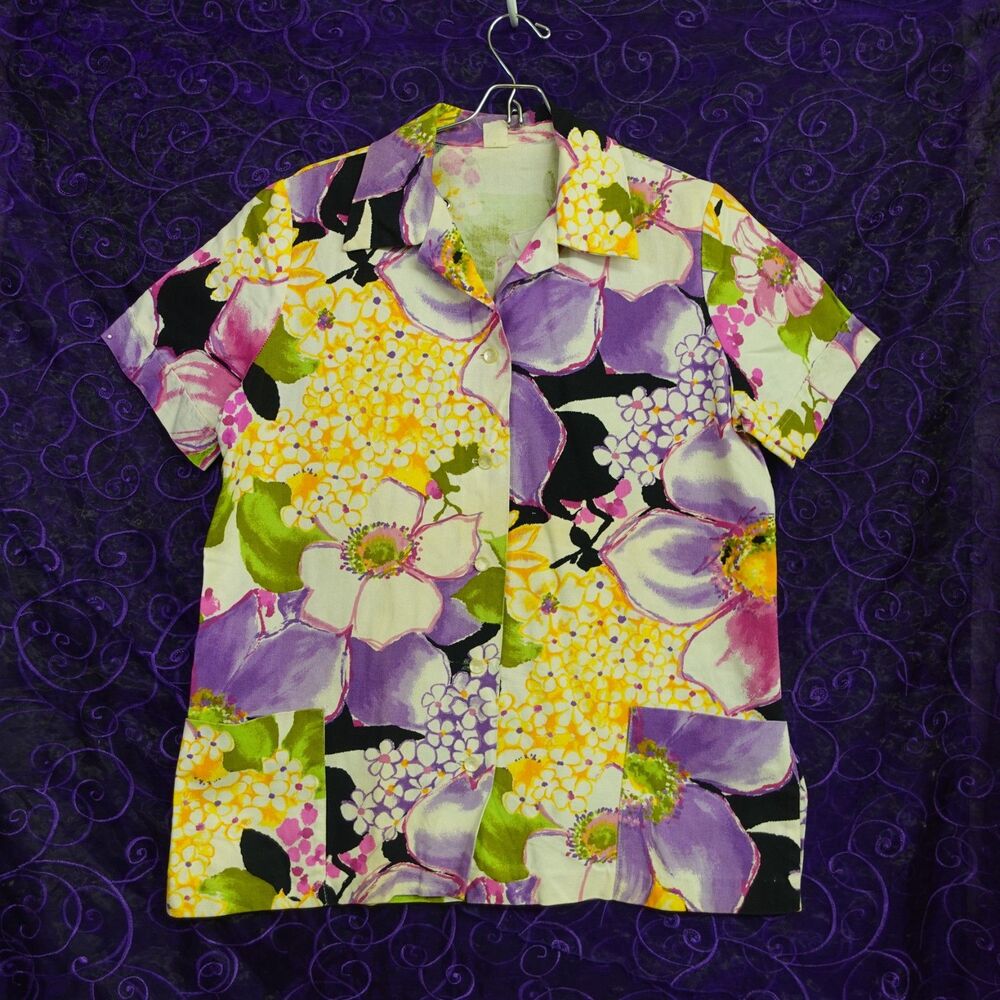 Vintage 80s? Womens Sz Large BOLD Floral Dopamine Button Up Smock Top Scrubs?